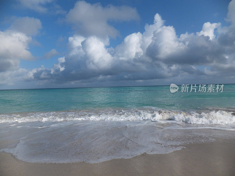 海滩的场景显示沙子，大海和天空