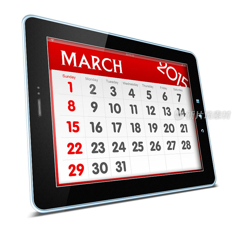 2015年3月数字平板电脑上的日历