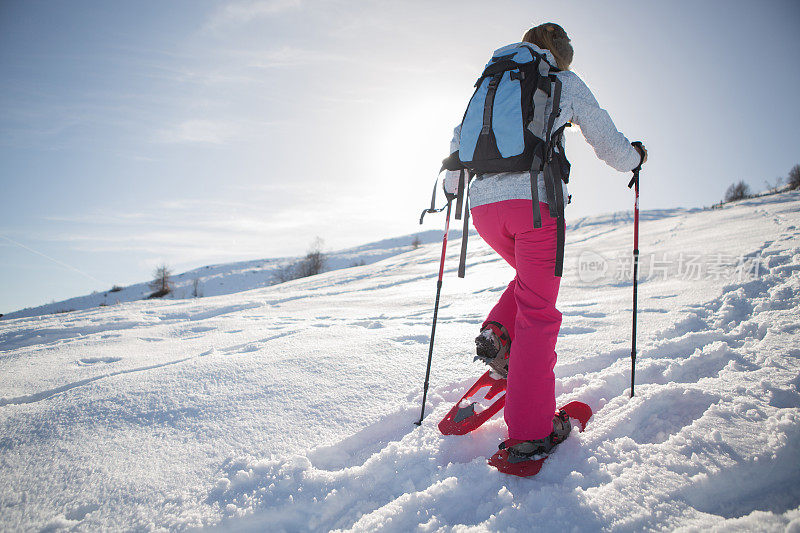 女人snowshoeing-Winter