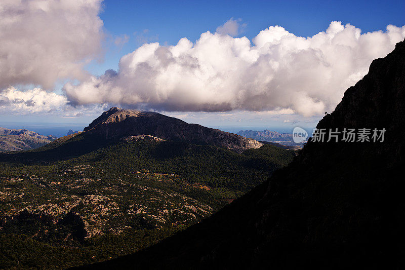 蓝色多云的天空下，马略卡岛的Tramuntana山脉