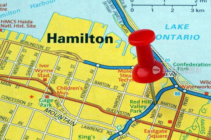 地图上的加拿大，安大略省，汉密尔顿。