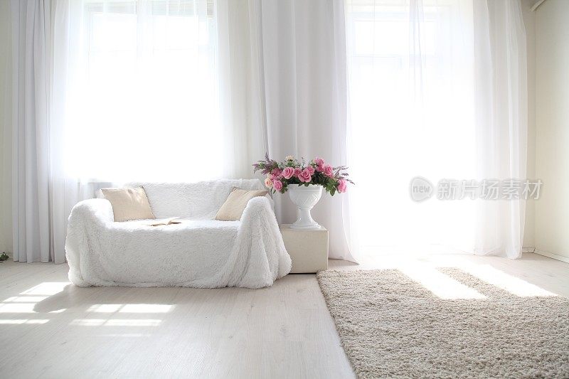 白色休息室沙发，大窗户和彩色书