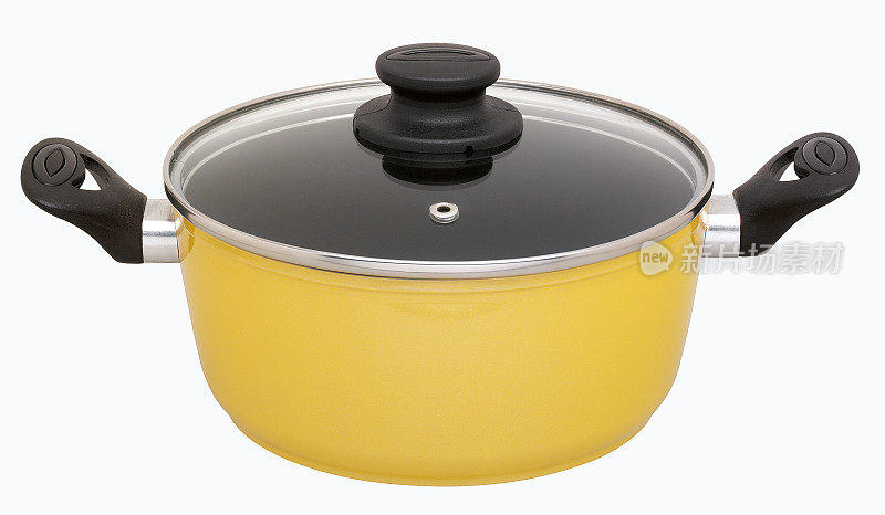 黄色特氟龙平底锅，玻璃盖，白色底色