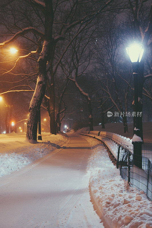 晚上中央公园被雪覆盖着