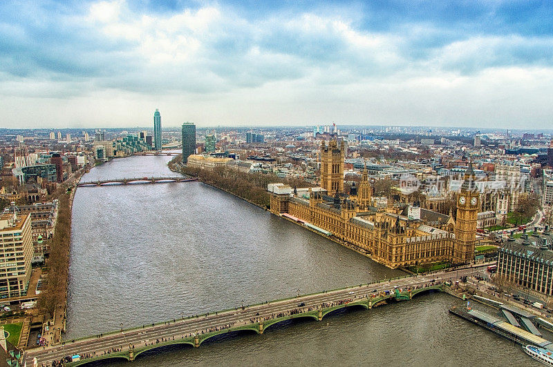 英国伦敦大本钟和国会大厦鸟瞰图