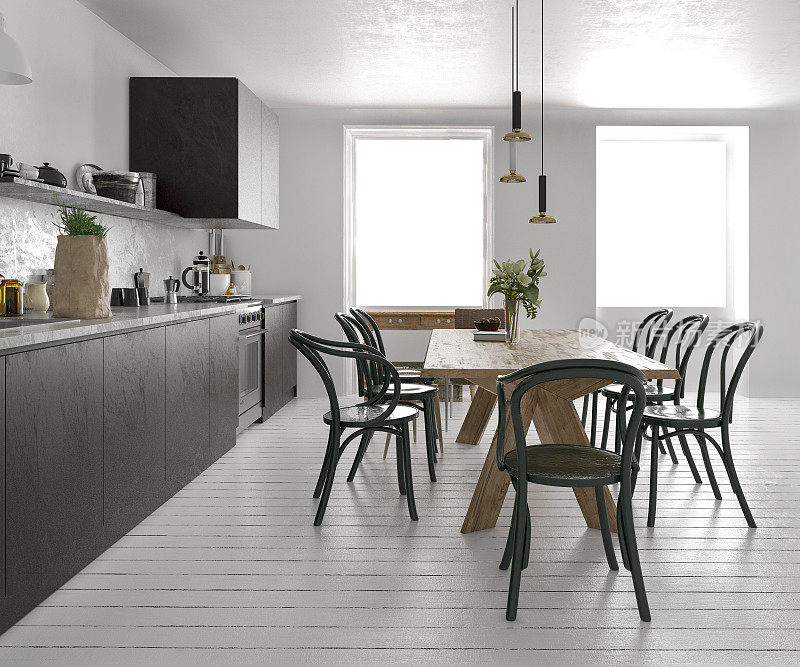3d渲染斯堪的纳维亚复古厨房与餐桌