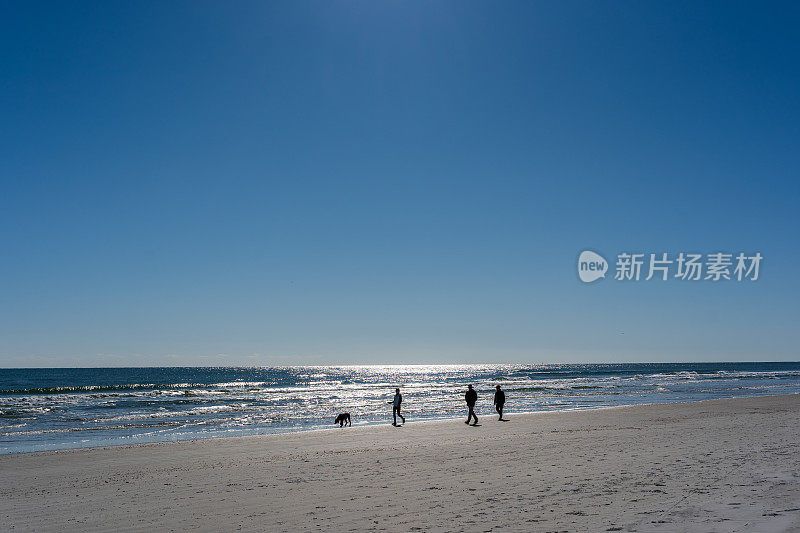 遛狗人在海滩上剪影