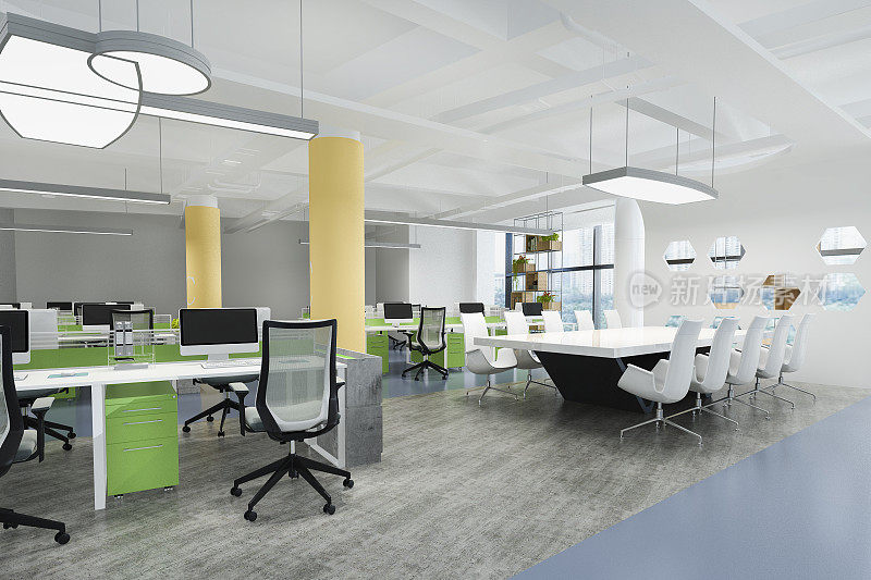 办公大楼的商务会议和工作室三维效果图，绿色和黄色装饰