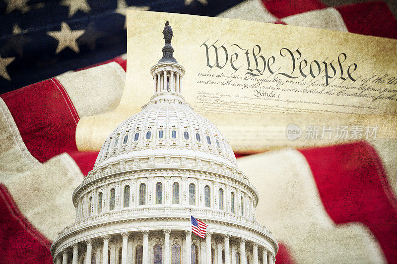 美国国旗，国会大厦和美国宪法