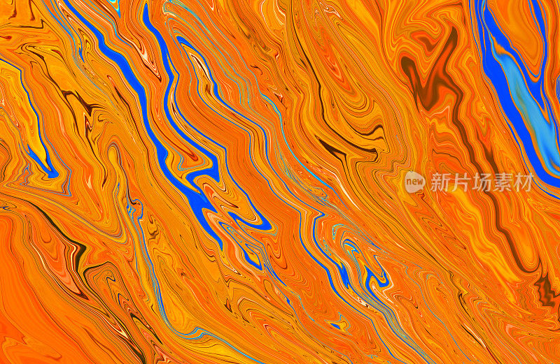 抽象明亮的流体橙色背景与蓝色波浪。艺术迷幻的数字背景。弯曲的形状插图。充满活力的旗帜。模板。漩涡。大理石纹理。传单。墨水的水。彩色的壁纸。