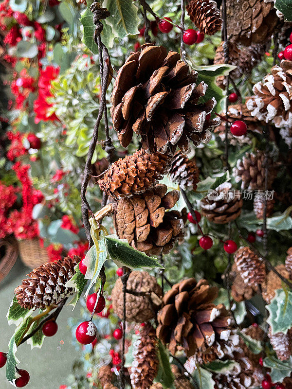 特写图像的圣诞树装饰，挂着干松果和红色浆果的花环，聚焦前景