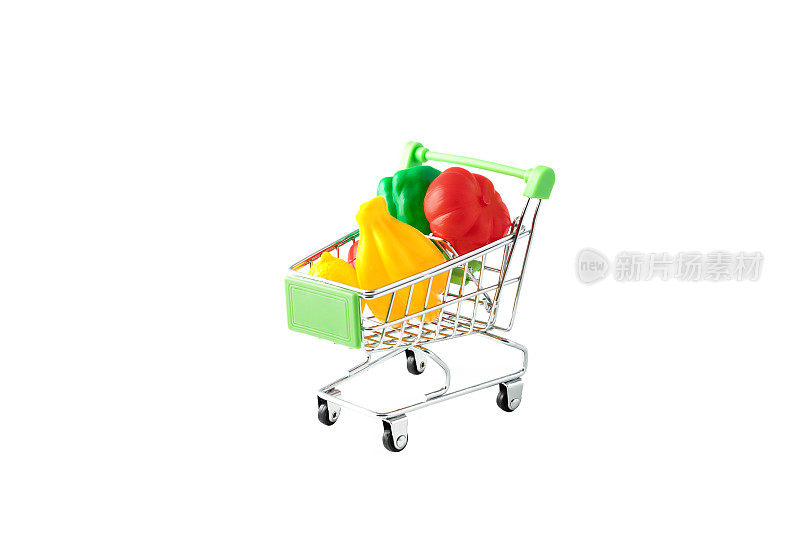 杂货手推车孤立在白色背景，购物车与水果和蔬菜