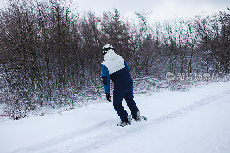 年轻的男性单板滑雪运动员从被雪树环绕的山坡上滑下来