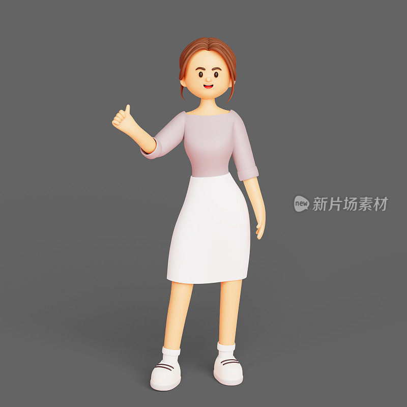 年轻的女商人站着，拇指向上显示3d插图卡通