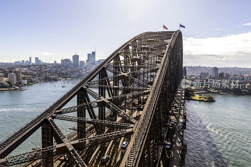 鸟瞰海港大桥，薰衣草湾和悉尼北部郊区，背景与复制空间