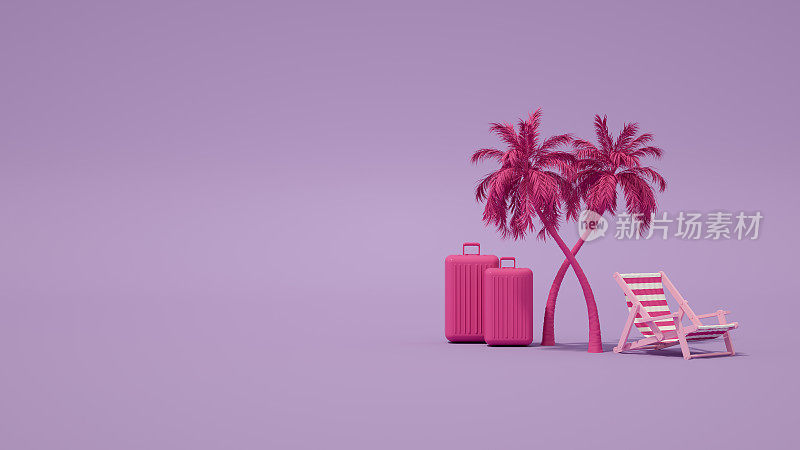 棕榈树，沙滩椅和手提箱，暑假和旅游背景