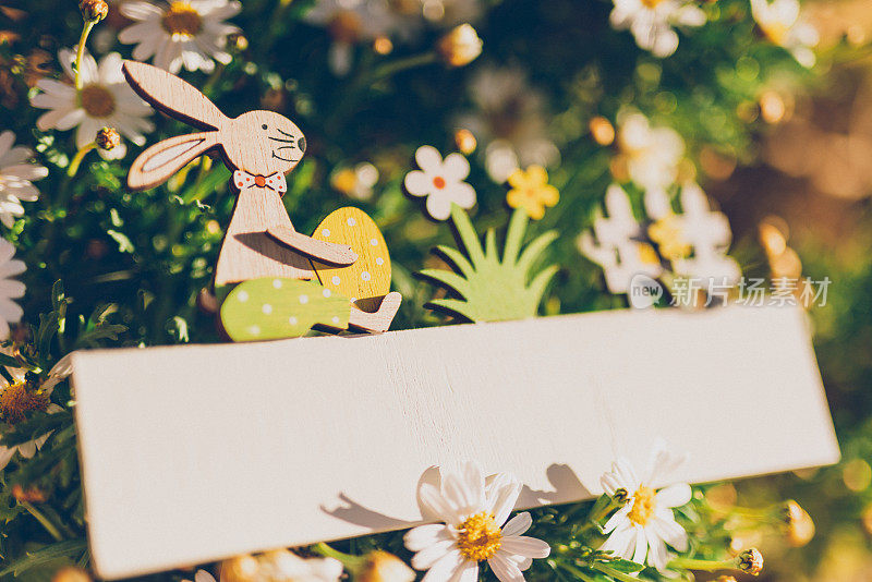 可爱的复活节板与兔子和鸡蛋装饰在花园里作为你的复活节短信的模型
