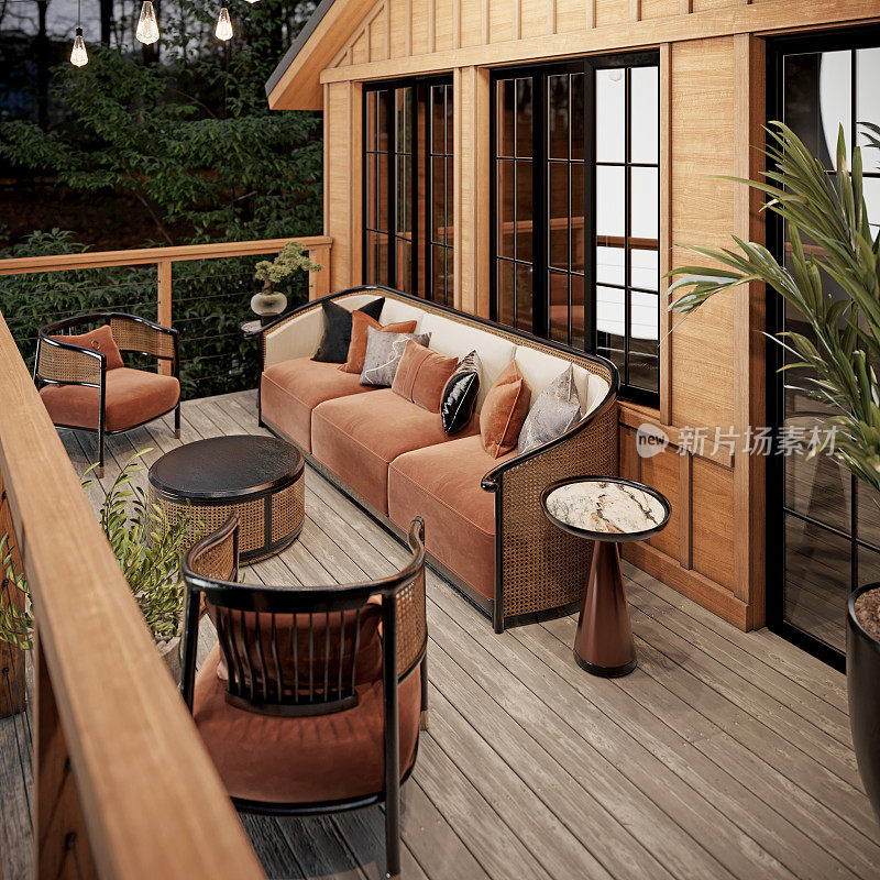 木房子的阳台，有软垫家具和美丽的绿色环境。