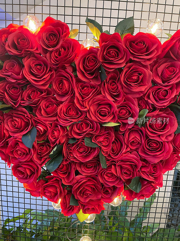 红玫瑰的特写图像，心形，浪漫的插花与照明串灯，情人节装饰挂在网格背景，重点在前景