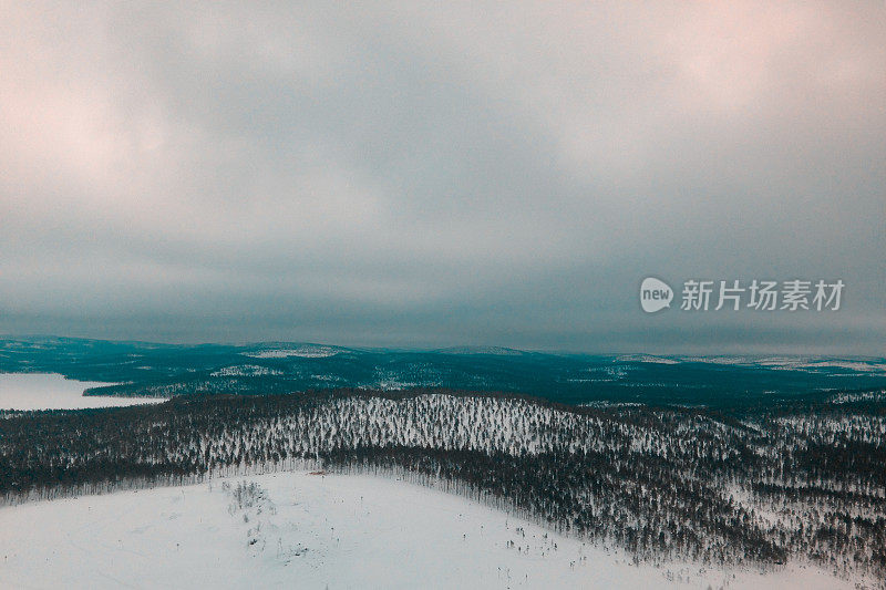 芬兰的冬季景观是连绵起伏的丘陵和一望无际的松树林