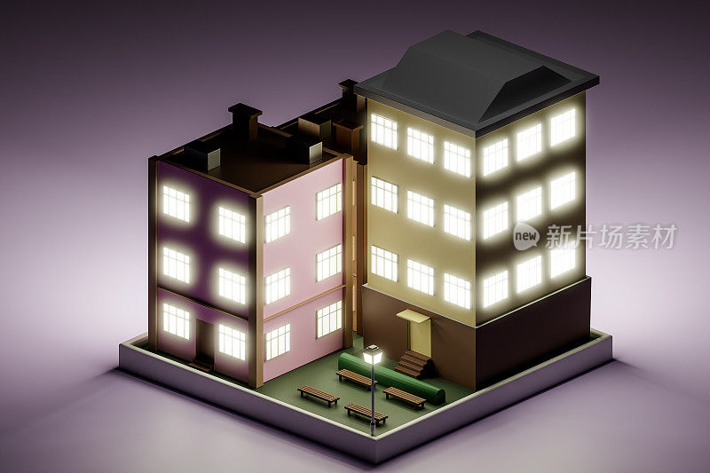 多层住宅楼的夜间3D渲染图。等距视图