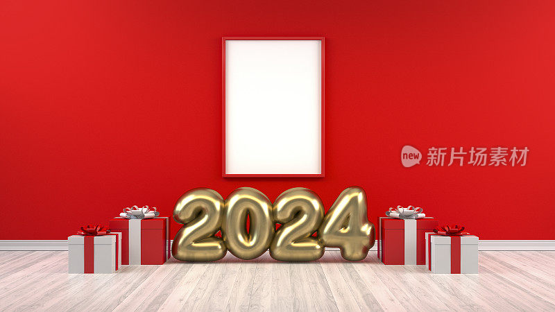 2024新年气球，房间里的空框架，红墙，圣诞概念