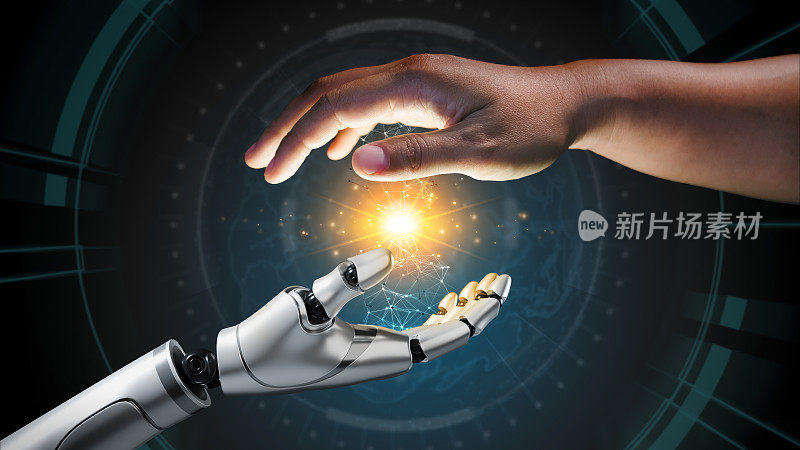 机器人和人的手握着全球网络连接的大数据。人与机器合作的技术理念。人工智能技术发展与全球机器人科学。