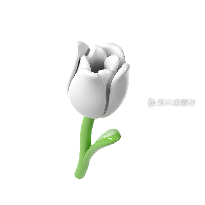 3d白色郁金香花卡通风格的花束或装饰。爱情情人节浪漫的设计孤立的白色背景春天插图
