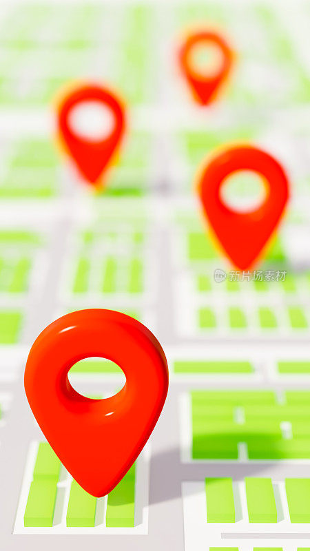 城市地图上不同位置的四个红色图标，主题是使用GPS和跟踪路线