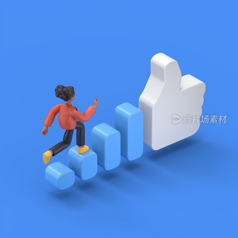 蓝色背景的等长3D插图，增加在社交网络上的人气，非洲裔美国妇女Coco跑上楼的3D插图