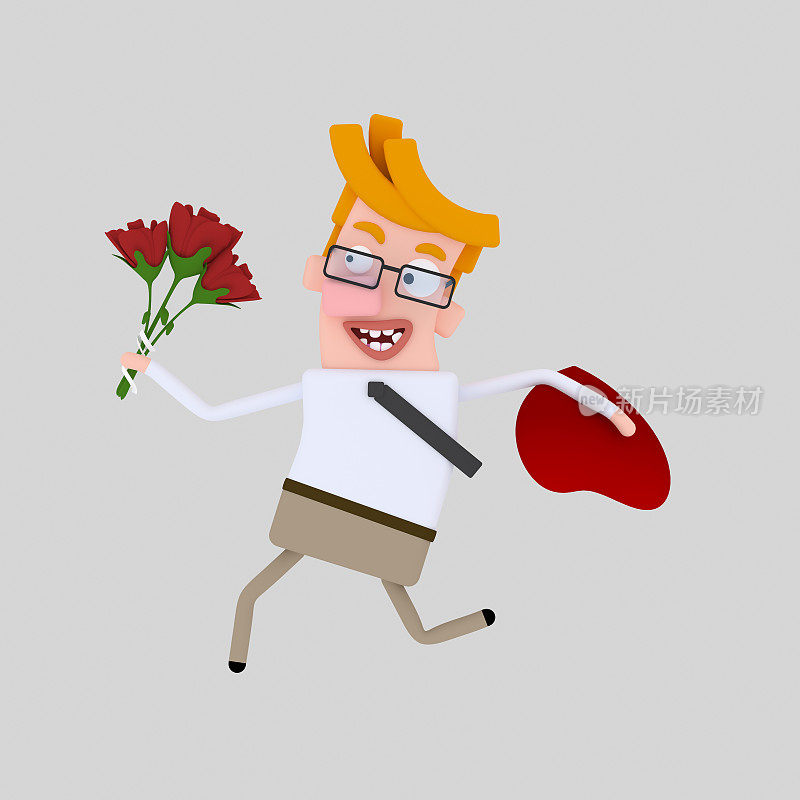 一个男人拿着一束玫瑰跑着。