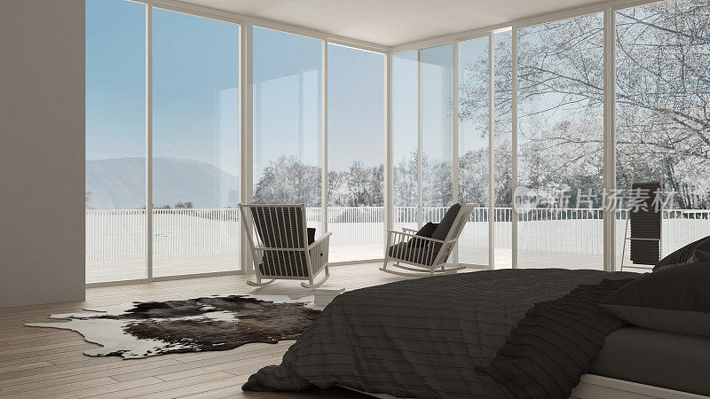 经典的卧室，简约的白色室内设计，大窗户与冬季景观，酒店，水疗中心，度假村