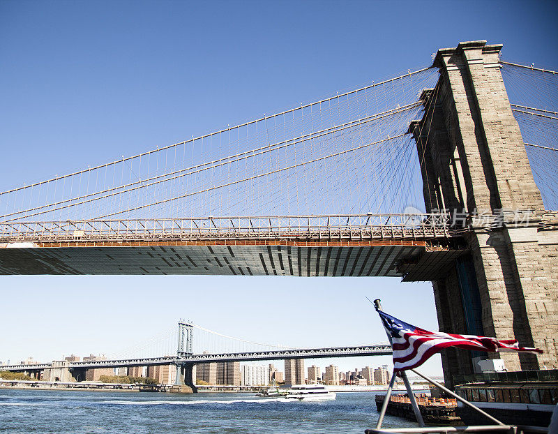 布鲁克林，曼哈顿大桥，纽约天际线。河。