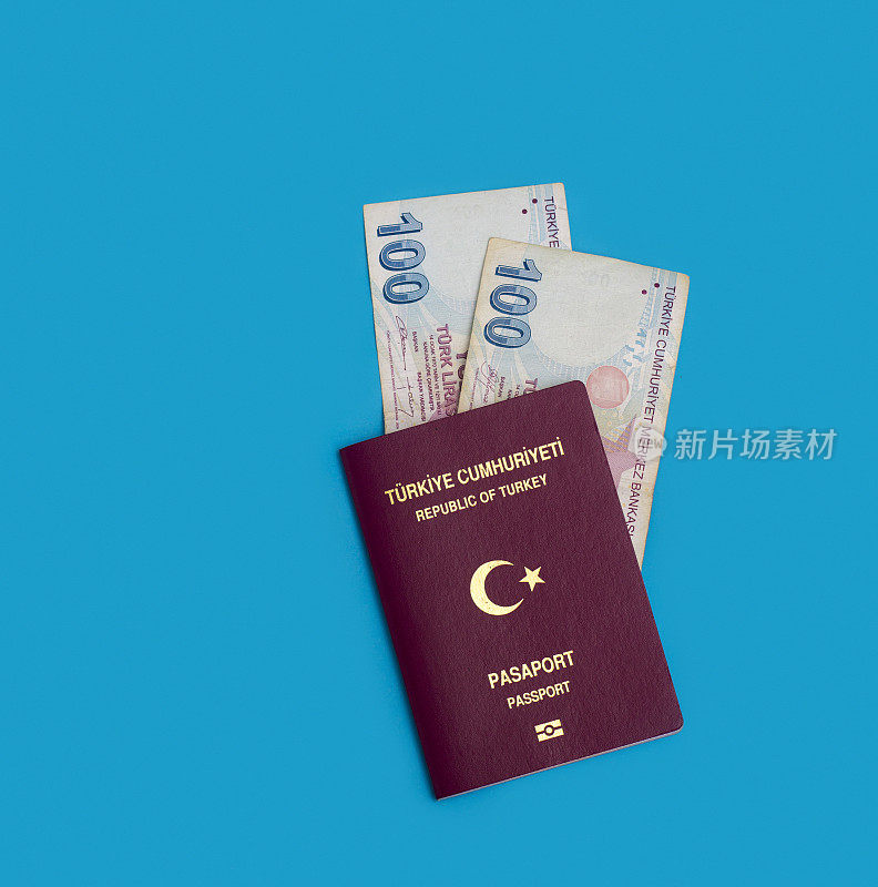 土耳其护照，土耳其纸币，蓝色背景
