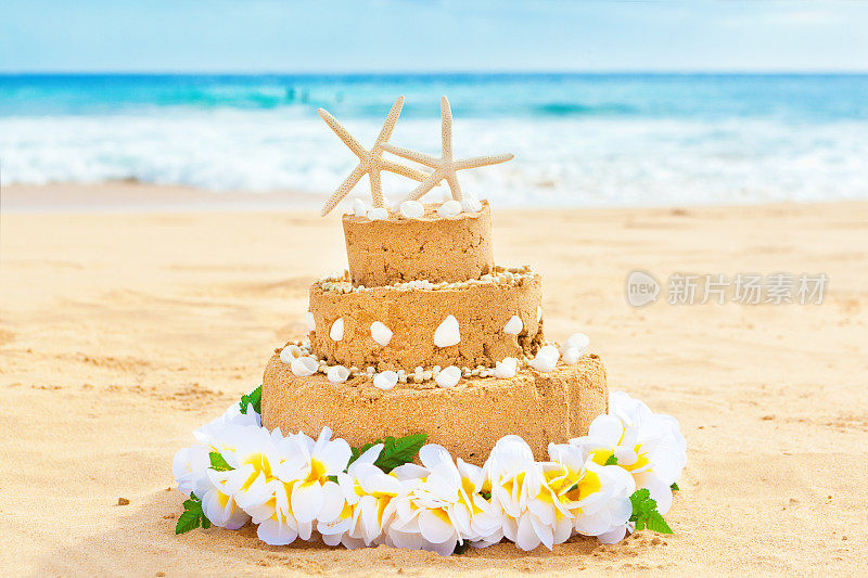 目的地婚礼蛋糕和热带海滩蜜月