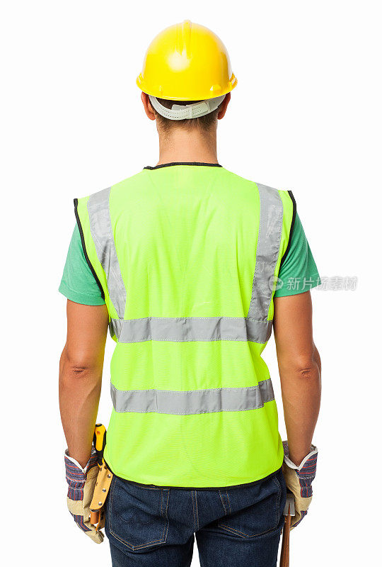 建筑工人穿反光衣服的后视图