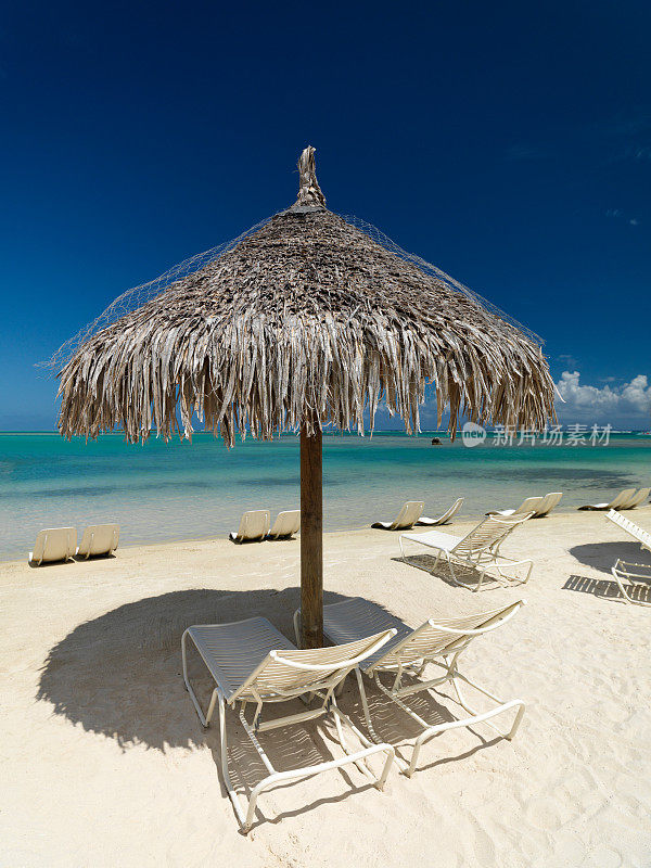 沙滩上的阳伞和躺椅
