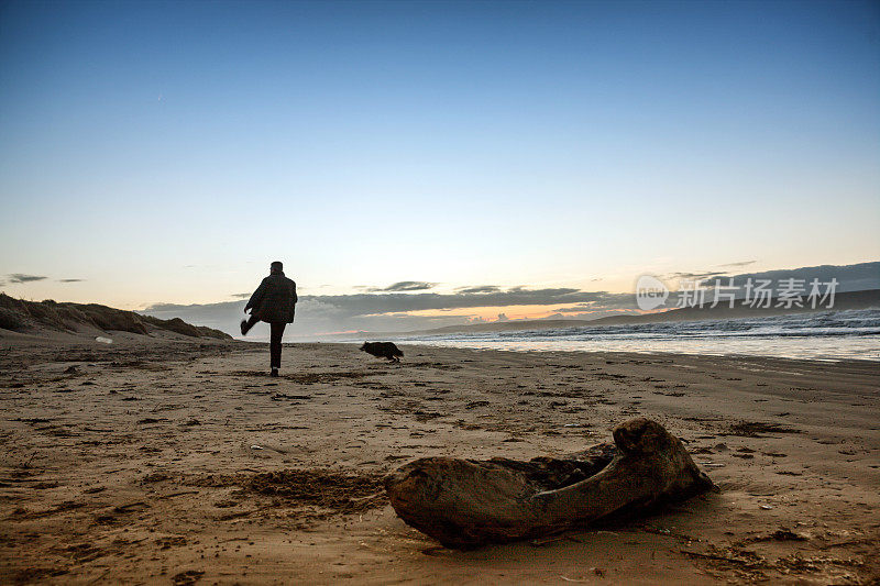 日出时分，老人带着狗在海滩上