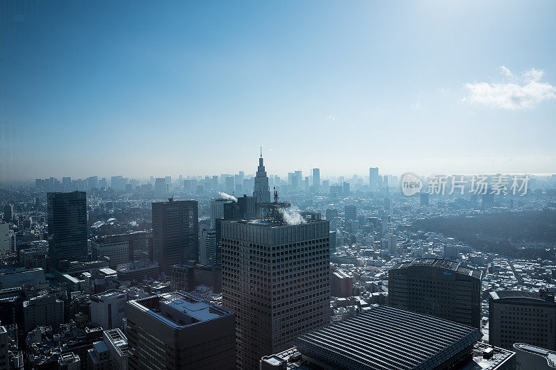 东京下雪了。第二天，我从摩天大楼上看到了这座城市。
