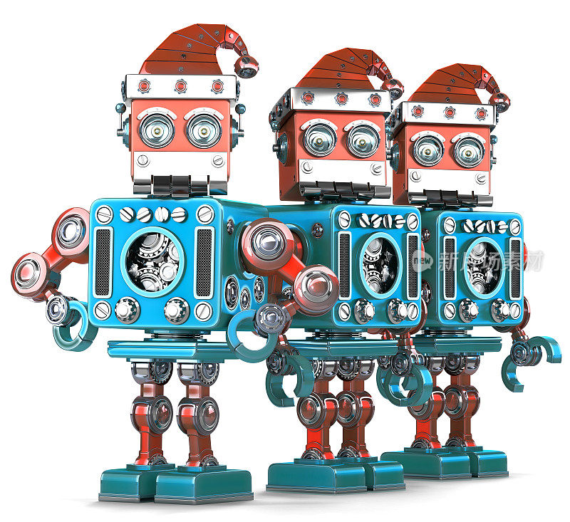 一群圣诞老人机器人。圣诞节的概念。孤立。包含剪切路径