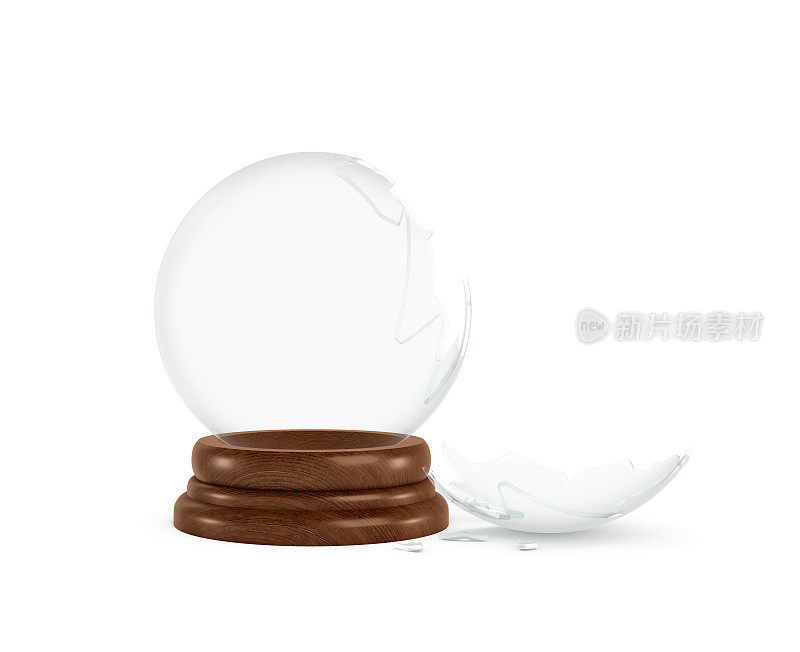 一个破碎的玻璃球的3d渲染，在一个白色的背景上站在一个木制的基地，里面什么都没有