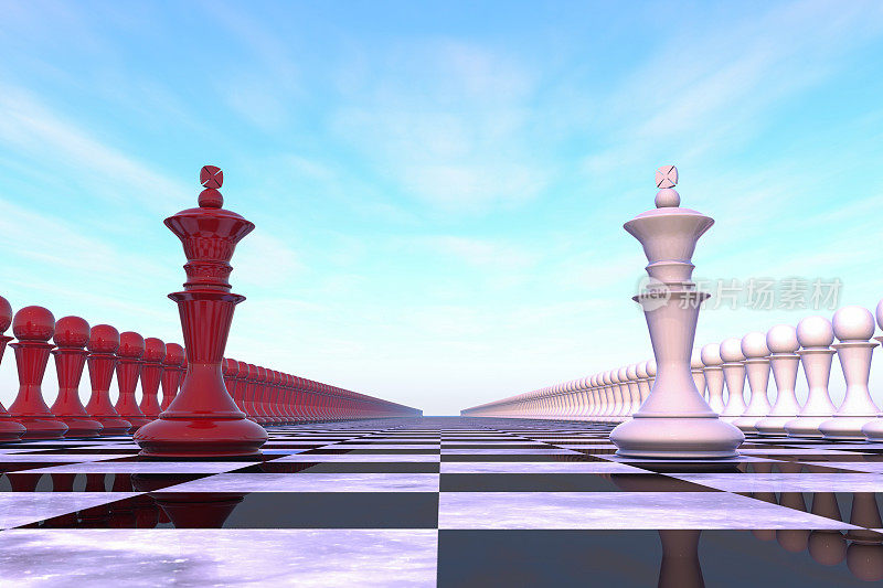 3d插图:军事政治概念。国际象棋场上有国王的形象，他们的军队首领，红白相间的颜色排列。在蓝天和云彩的背景上。