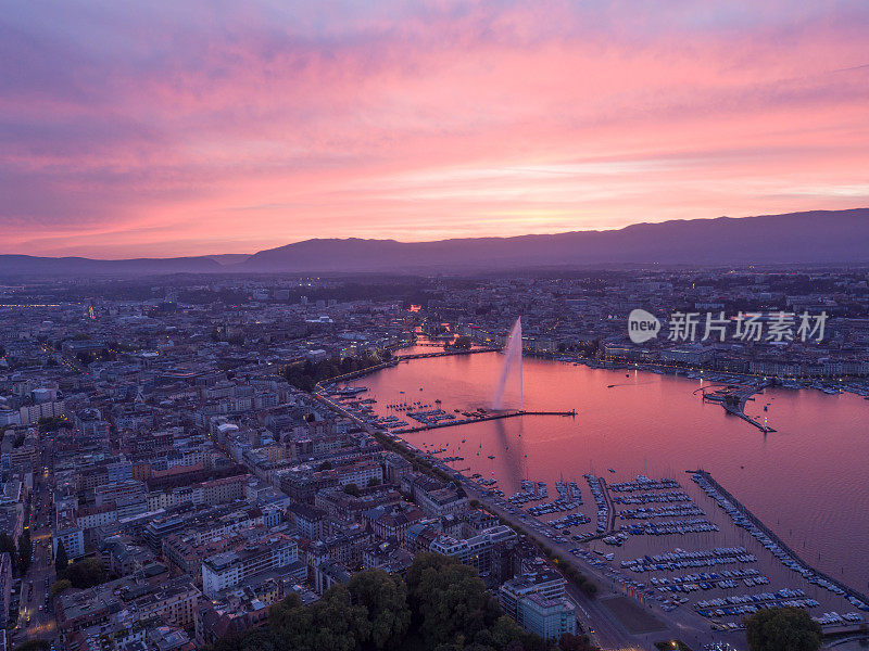 日落中的日内瓦城市景观