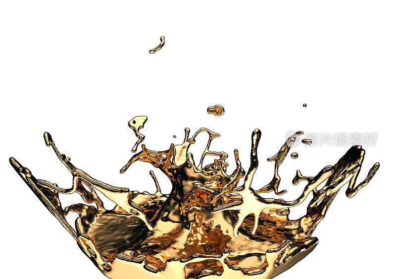 液体金色或油飞溅和飞溅孤立在白色。3d渲染，3d插图
