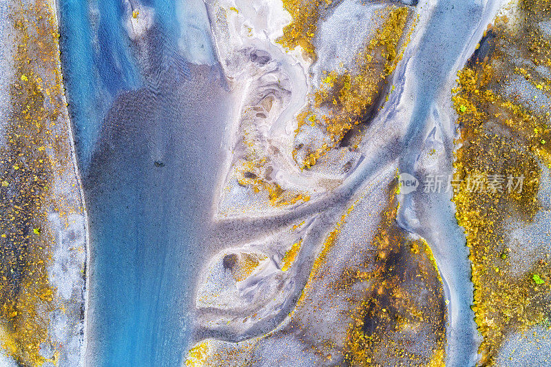 冰岛辫状河的抽象图案，鸟瞰图