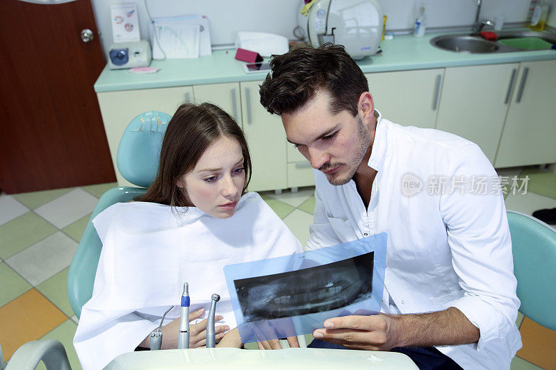 牙科医生正在牙科诊所与病人分析x光影像
