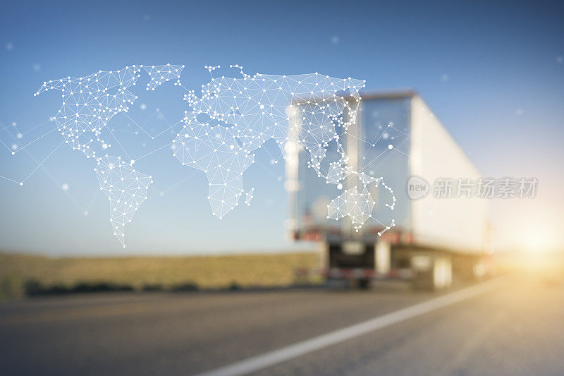 高速公路上的集装箱卡车用多边形网络世界地图图形