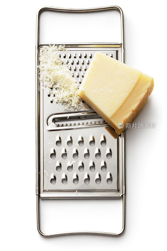 奶酪:帕尔马干酪和磨碎器孤立在白色背景