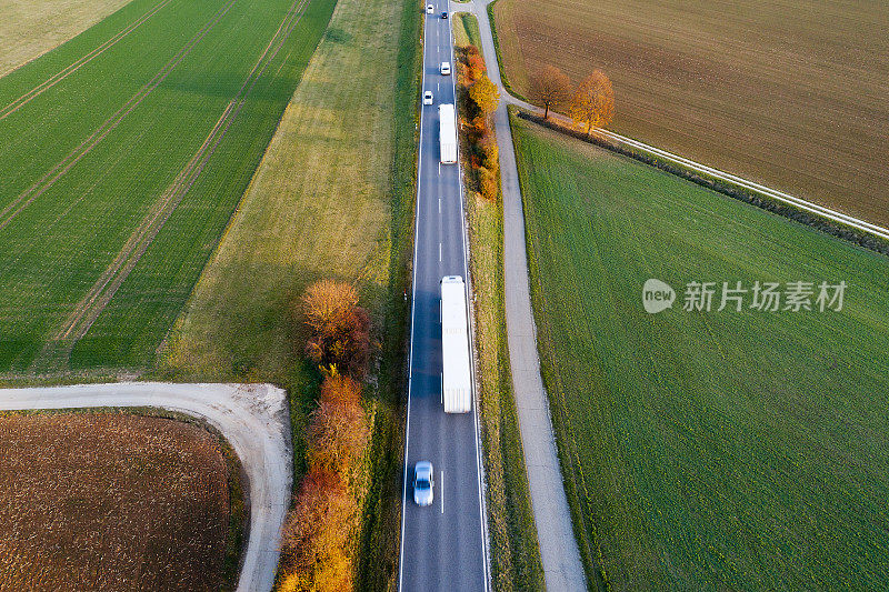 田野间的秋路，鸟瞰图