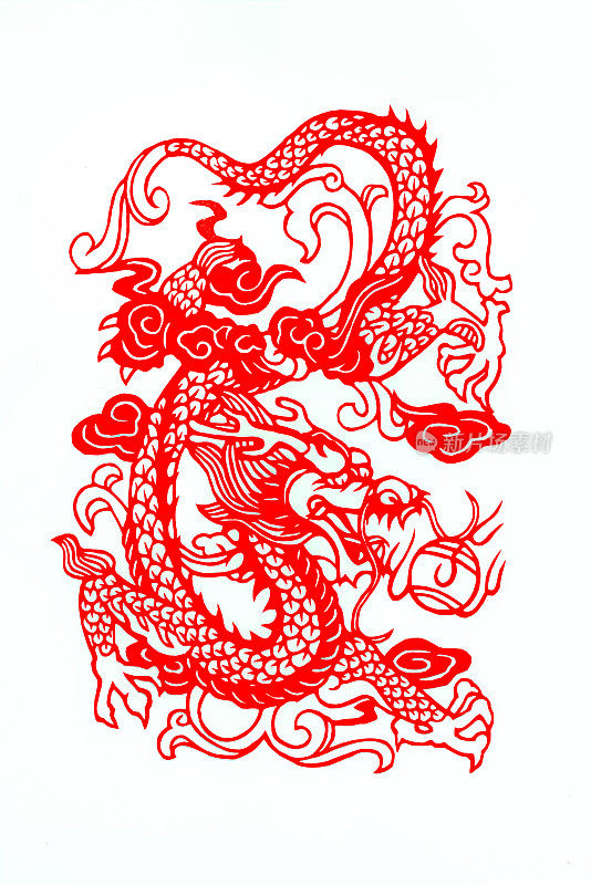 中国传统剪纸，十二生肖。中国新年，龙年。中国传统的动物龙剪纸艺术图案。龙剪纸，过年。